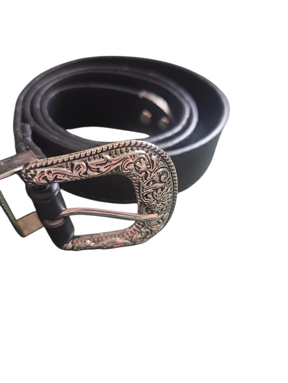Western Boho Black Leather Floral Engraved Metal Buckle Belt M/L